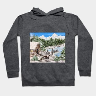 Winter deer by a cabin Hoodie